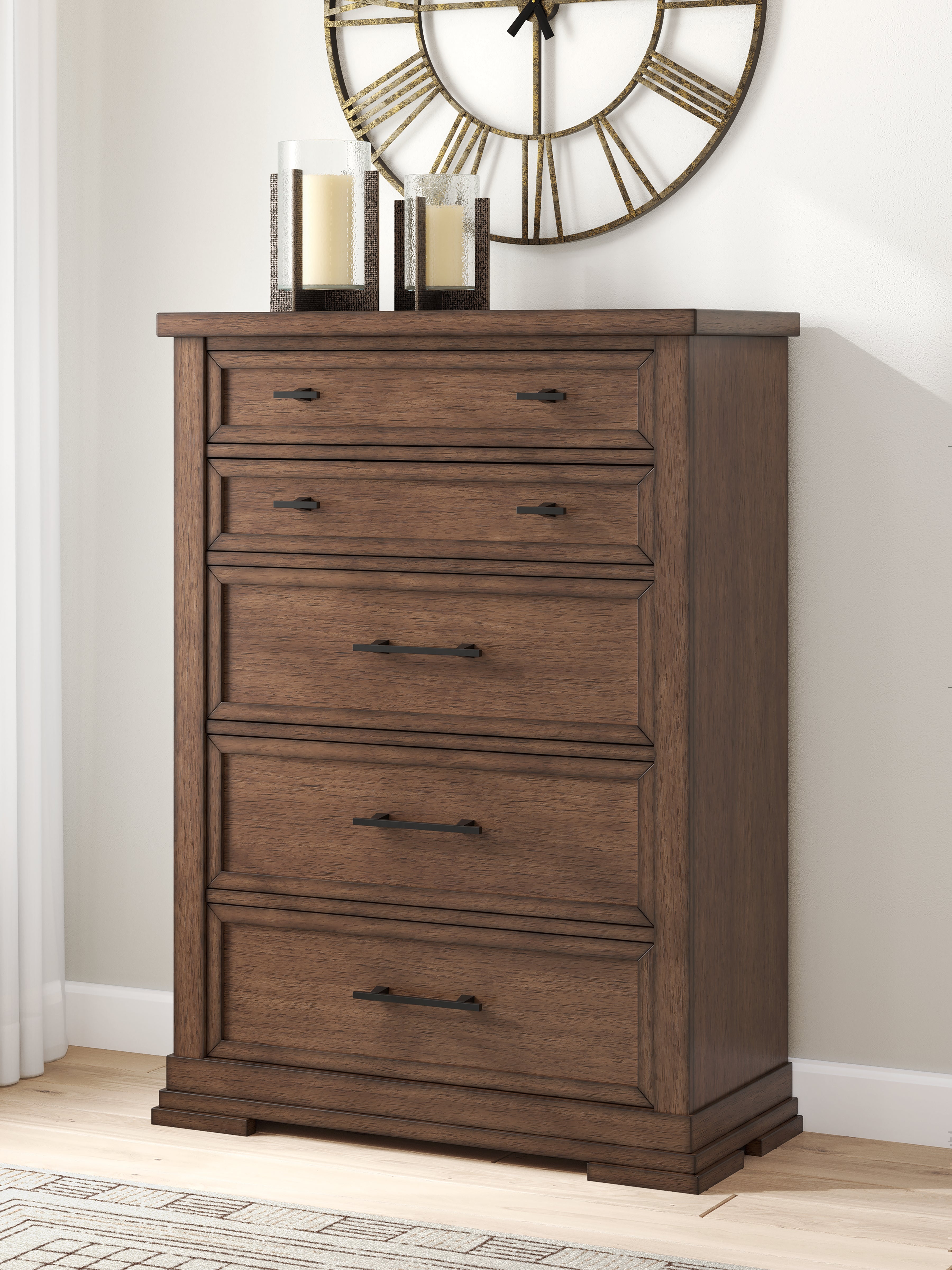 Floridian Furniture - Ashley Furniture - Taffenbrook Bedroom - Five Drawer Chest / Medium Brown - B849-46