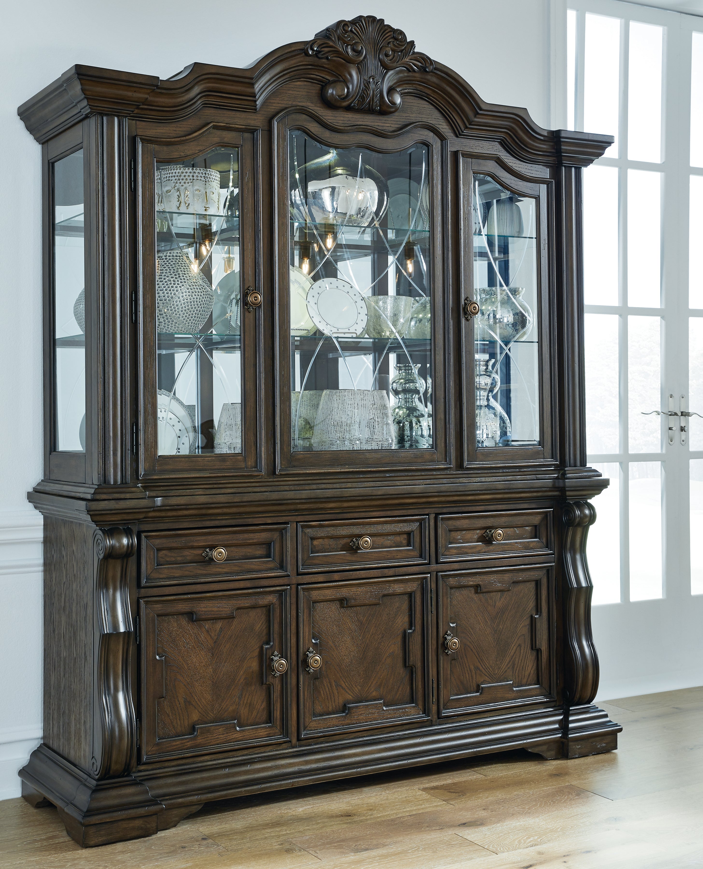 Floridian Furniture - Ashley Furniture - Maylee Dining Room - Dining Buffet and Hutch / Dark Brown - D947D1