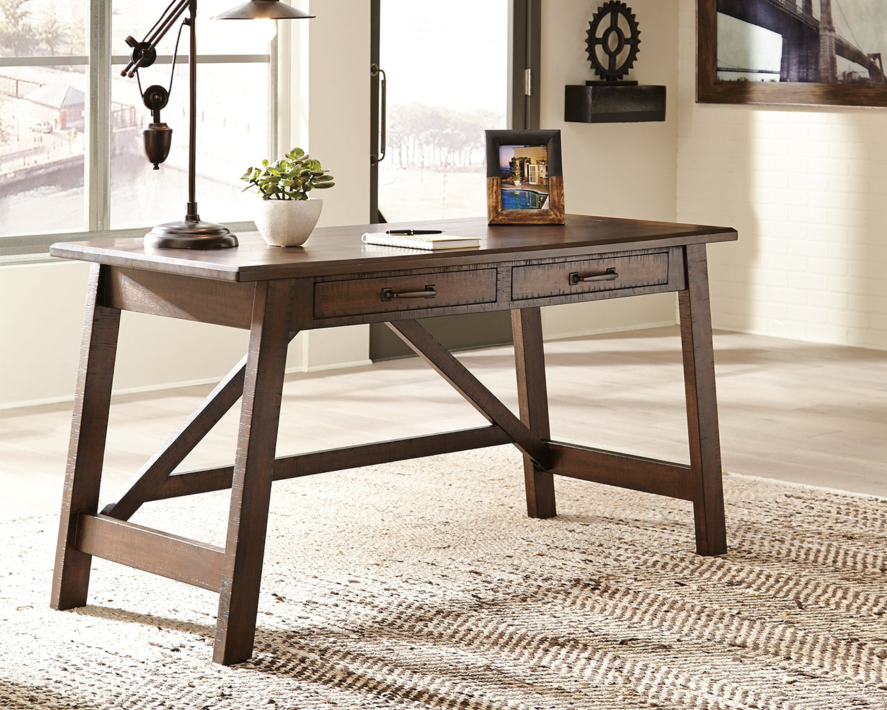 Floridian Furniture - Ashley Furniture - Baldridge Office Desk - Home Office Large Leg Desk / Rustic Brown - H675-44