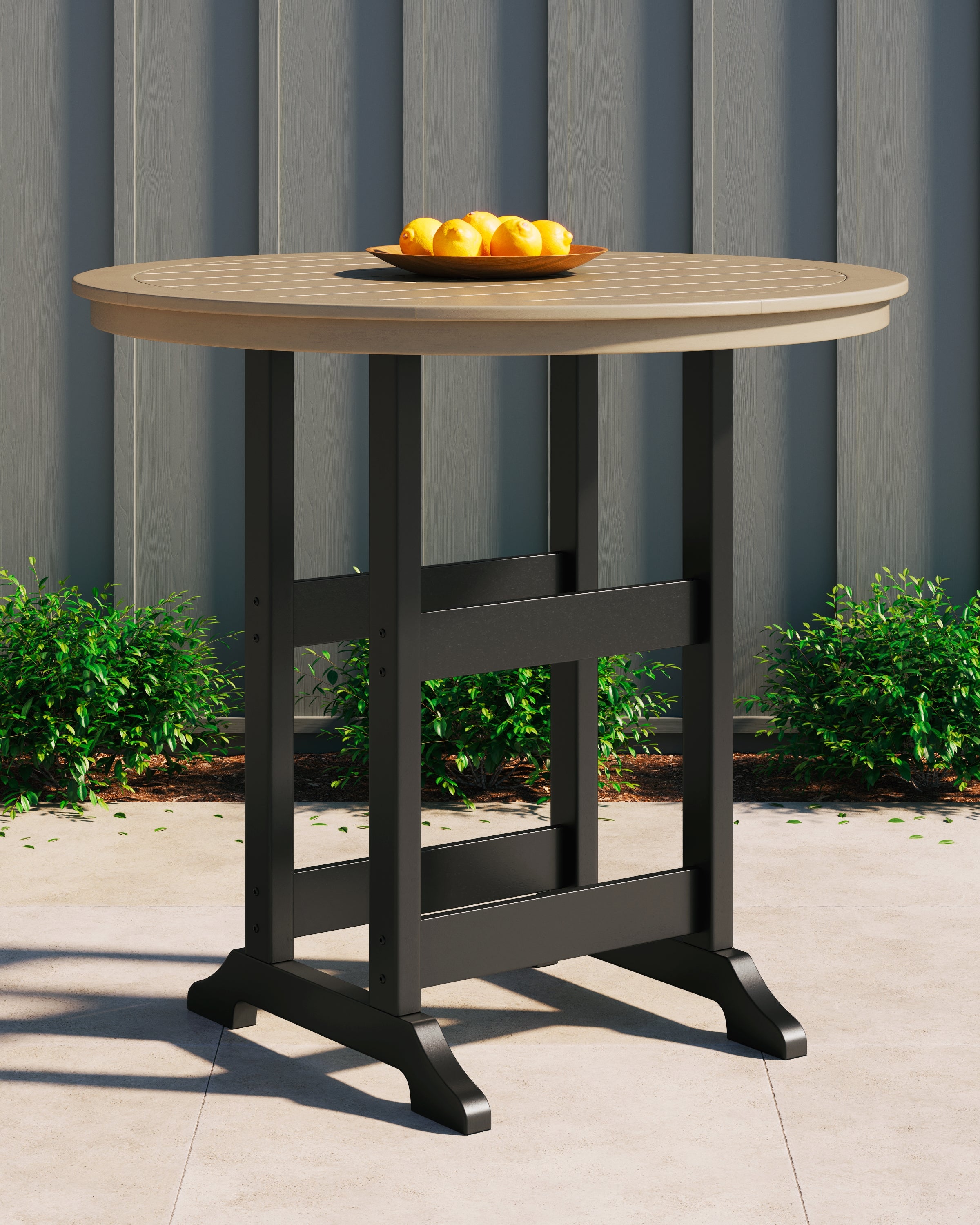 Floridian Furniture - Ashley Furniture - Fairen Trail Outdoor - Round Bar Table w/UMB OPT / Black/Driftwood - P211-613