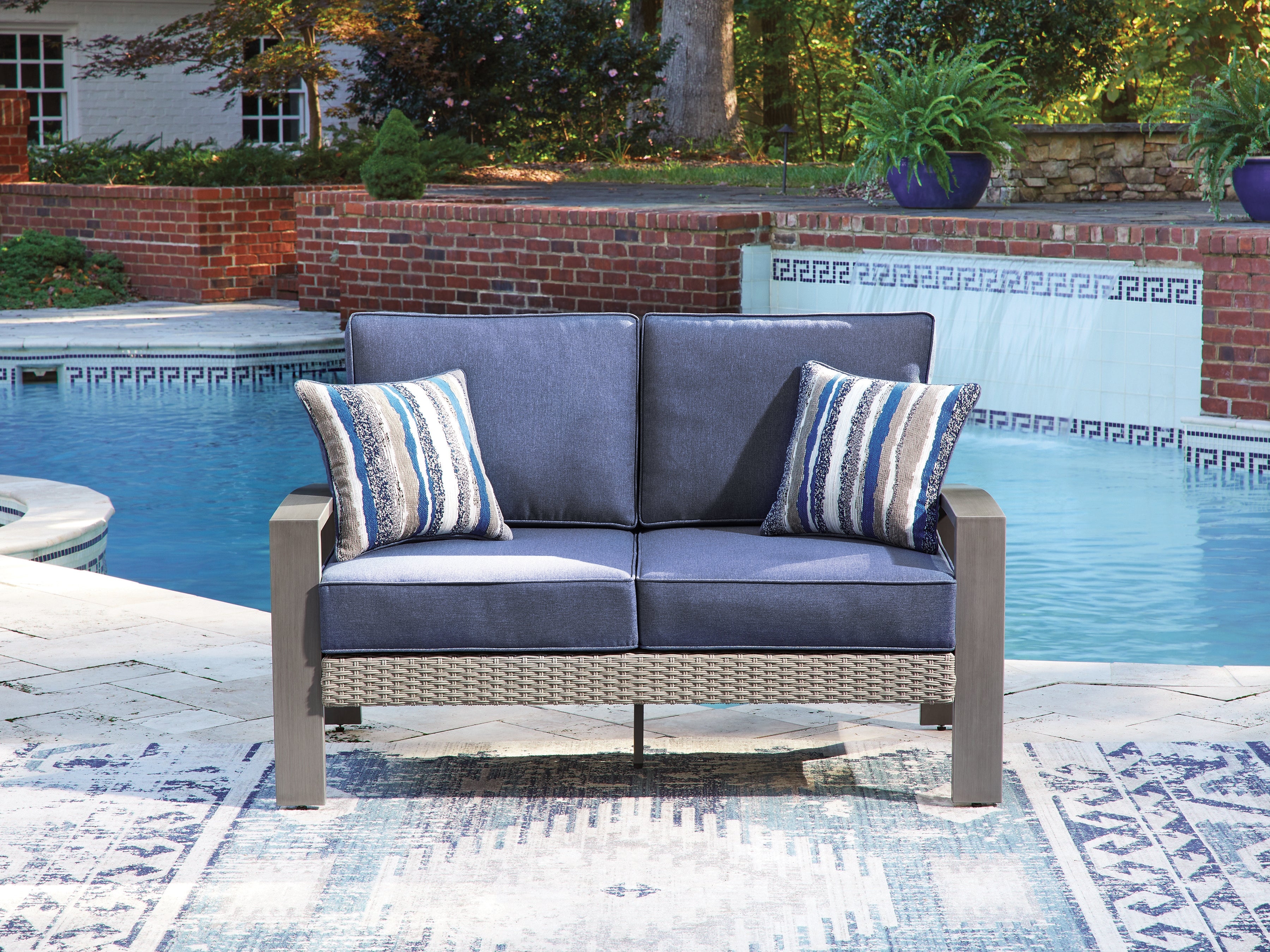 Floridian Furniture - Ashley Furniture - Half Moon Beach Outdoor - Loveseat w/Cushion / Blue/Gray - PCP418-835