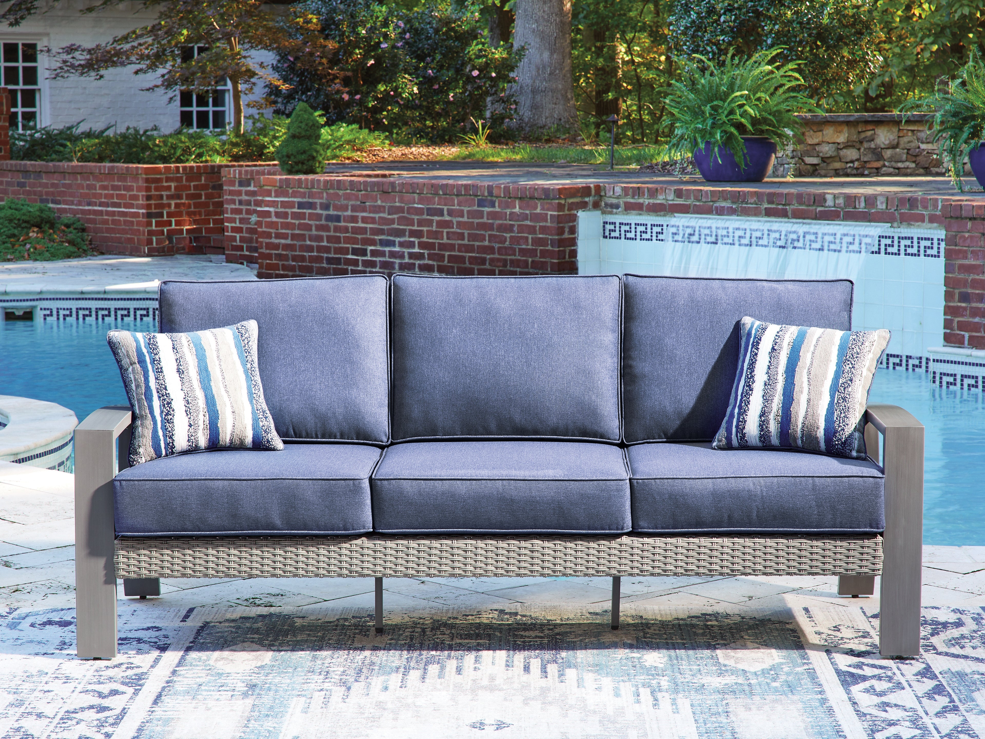 Floridian Furniture - Ashley Furniture - Half Moon Beach Outdoor - Sofa with Cushion / Blue/Gray - PCP418-838