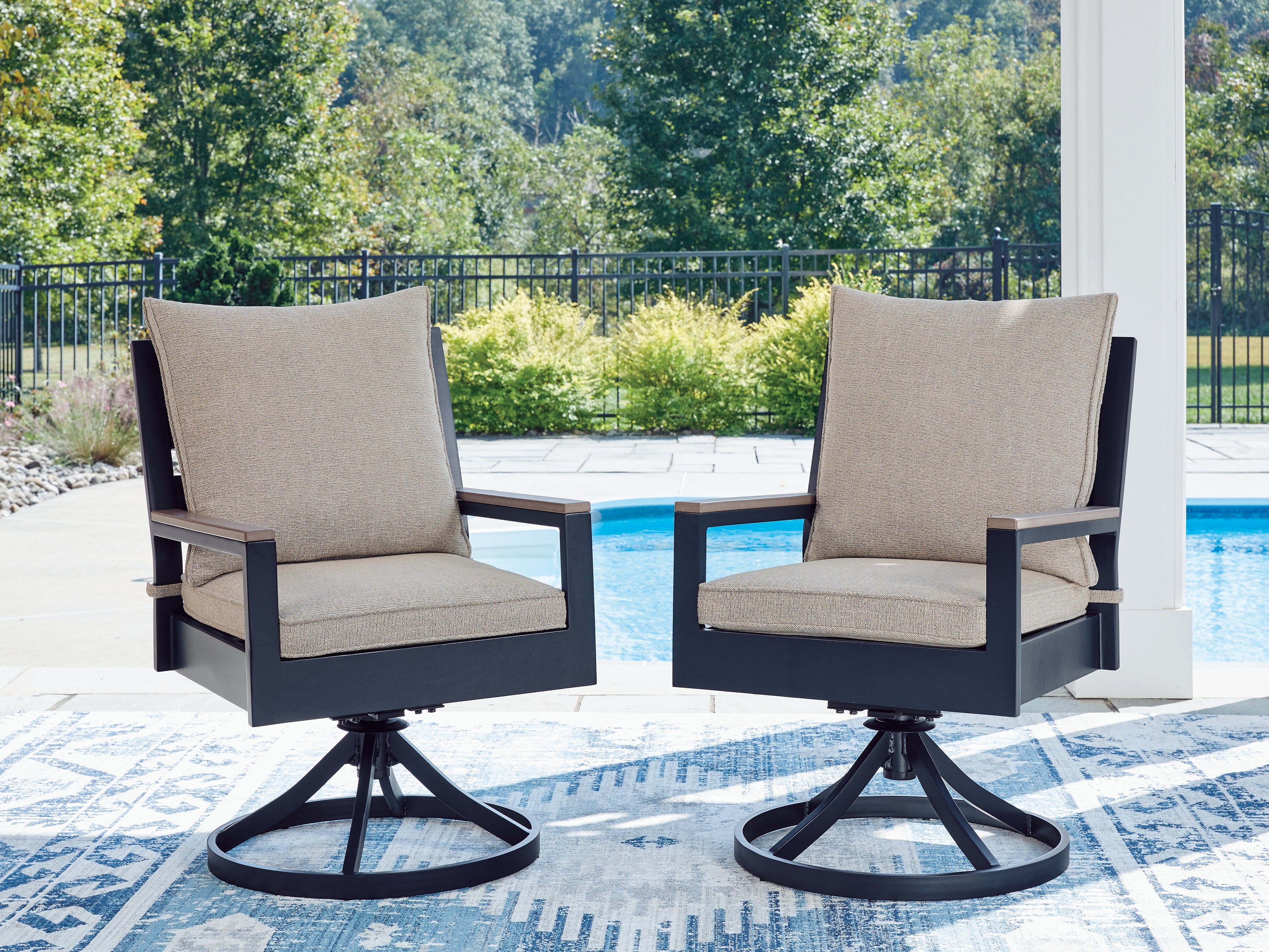 Floridian Furniture - Ashley Furniture - East Beach Outdoor - Swivel Chair w/Cushion (Set of 2) / Navy Blue/Driftwood - PCP587-602A