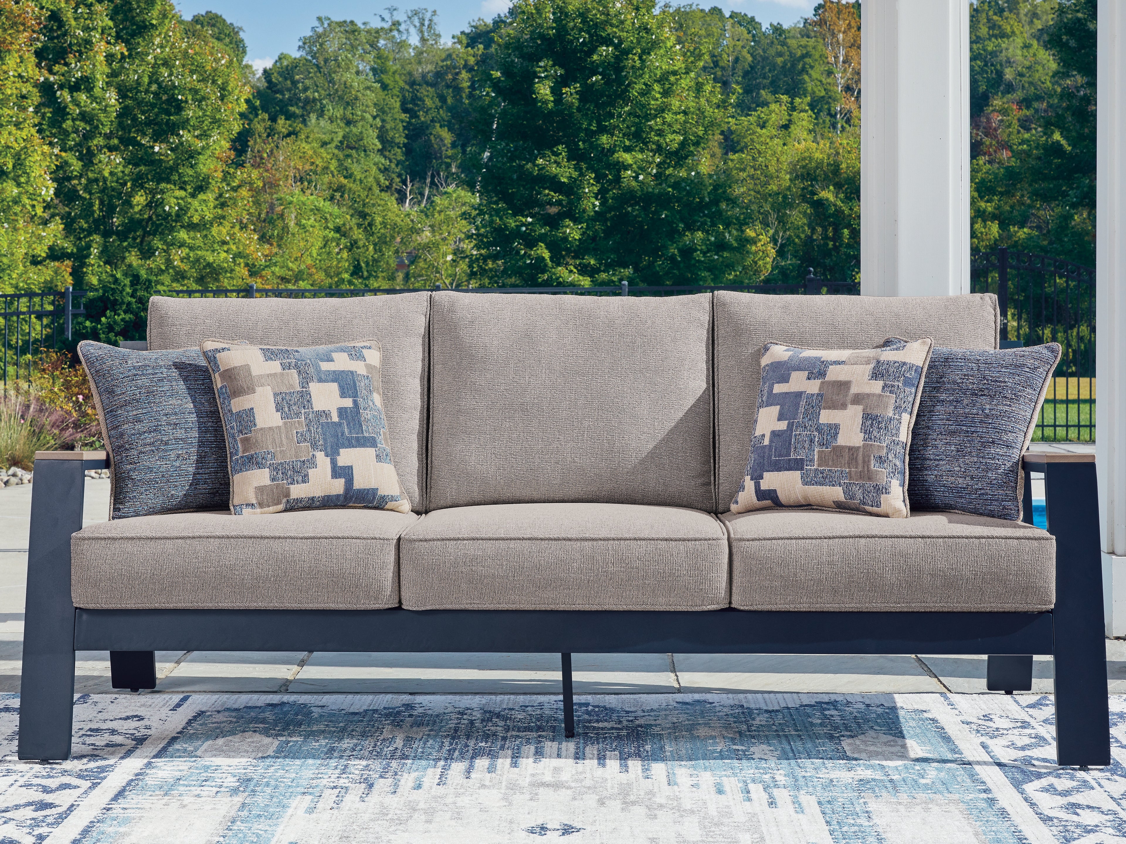 Floridian Furniture - Ashley Furniture - East Beach Outdoor - Sofa with Cushion / Navy Blue/Driftwood - PCP587-838