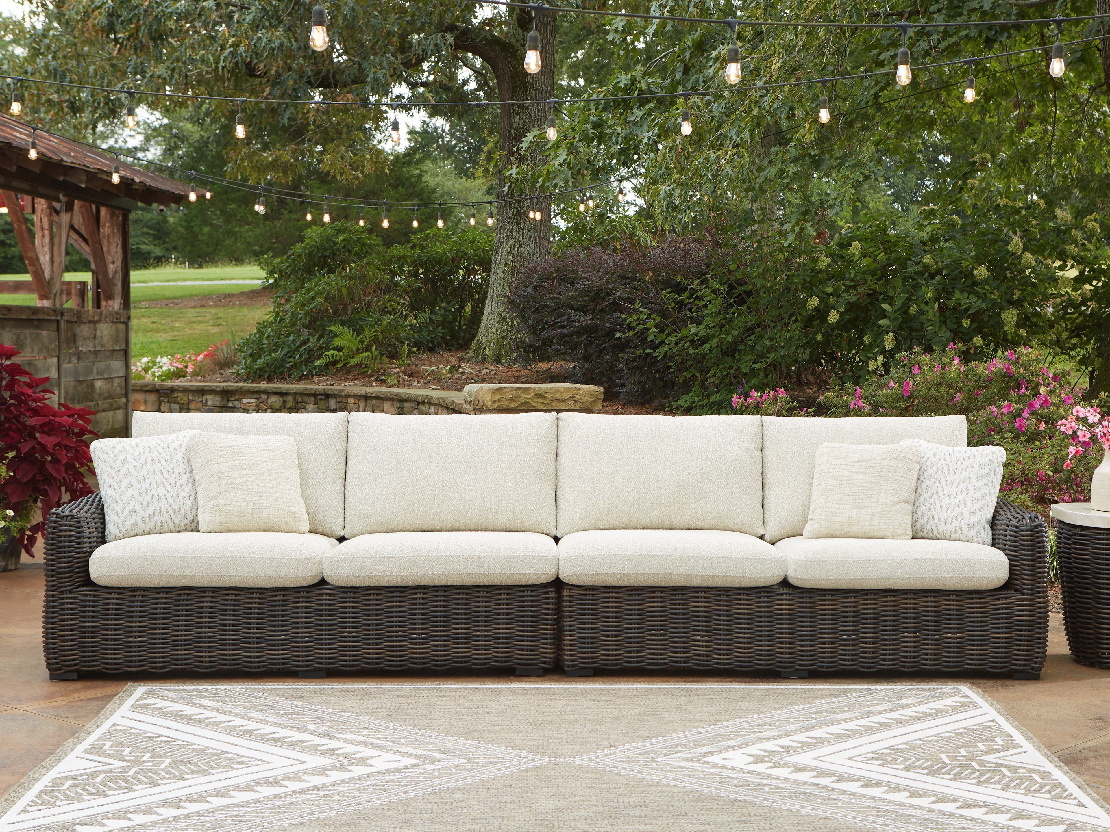 Floridian Furniture - Ashley Furniture - Kimora Outdoor - RAF/LAF Loveseat w/CUSH (Set of 2) / Beige/Dark Brown - P711-854