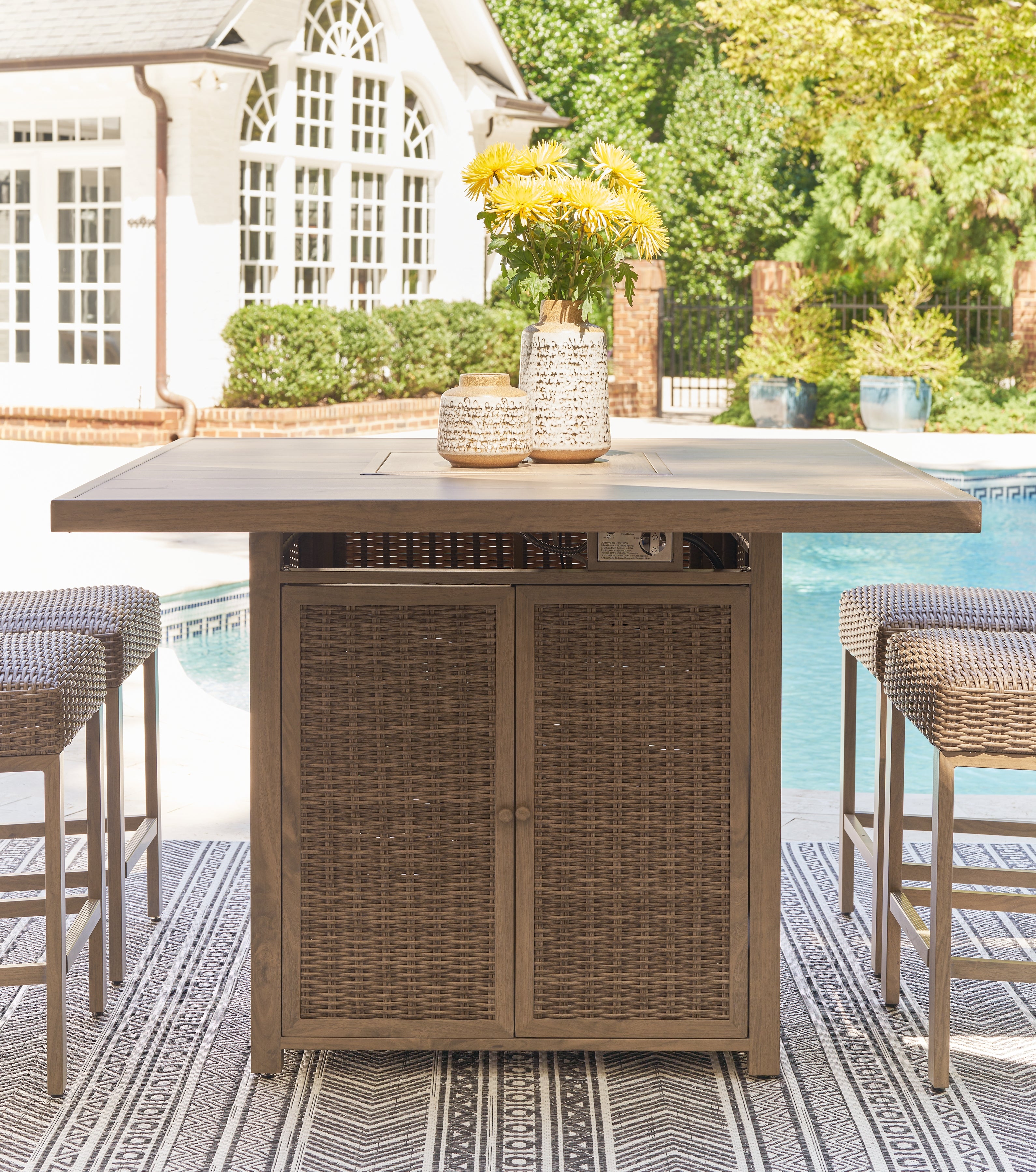 Floridian Furniture - Ashley Furniture - Walton Bridge Outdoor - Square Bar Table w/Fire Pit / Driftwood - P749-665