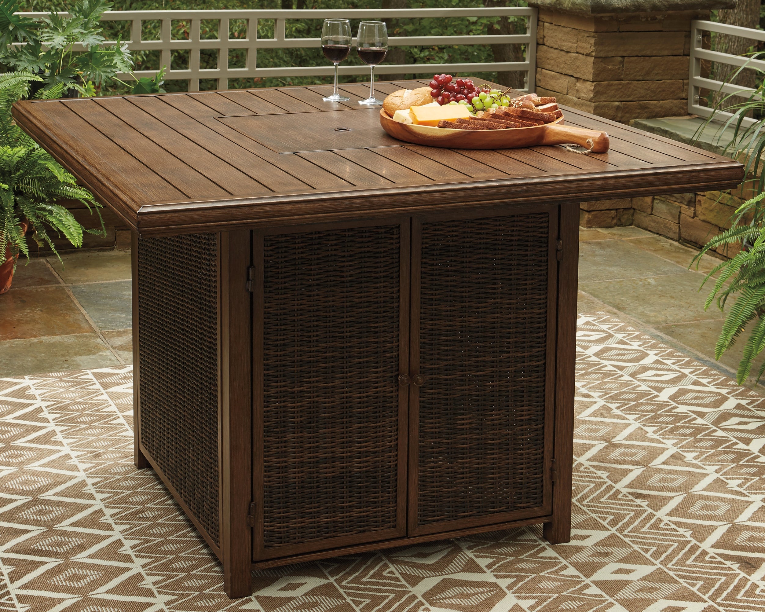 Floridian Furniture - Ashley Furniture - Paradise Trail Outdoor - Square Bar Table w/Fire Pit / Medium Brown - P750-665