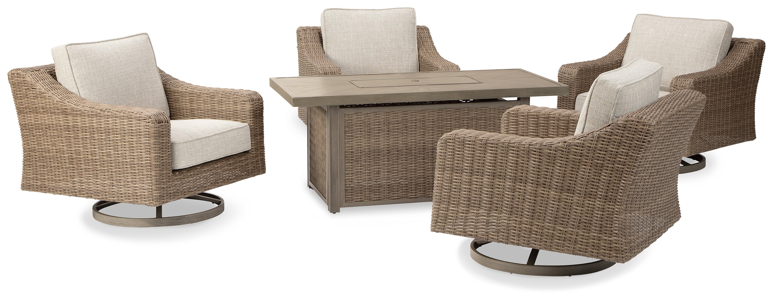 Floridian Furniture - Ashley Furniture - Beachcroft Outdoor - 5-Piece Outdoor Fire Pit Table with 4 Chairs / Beige - P791P17
