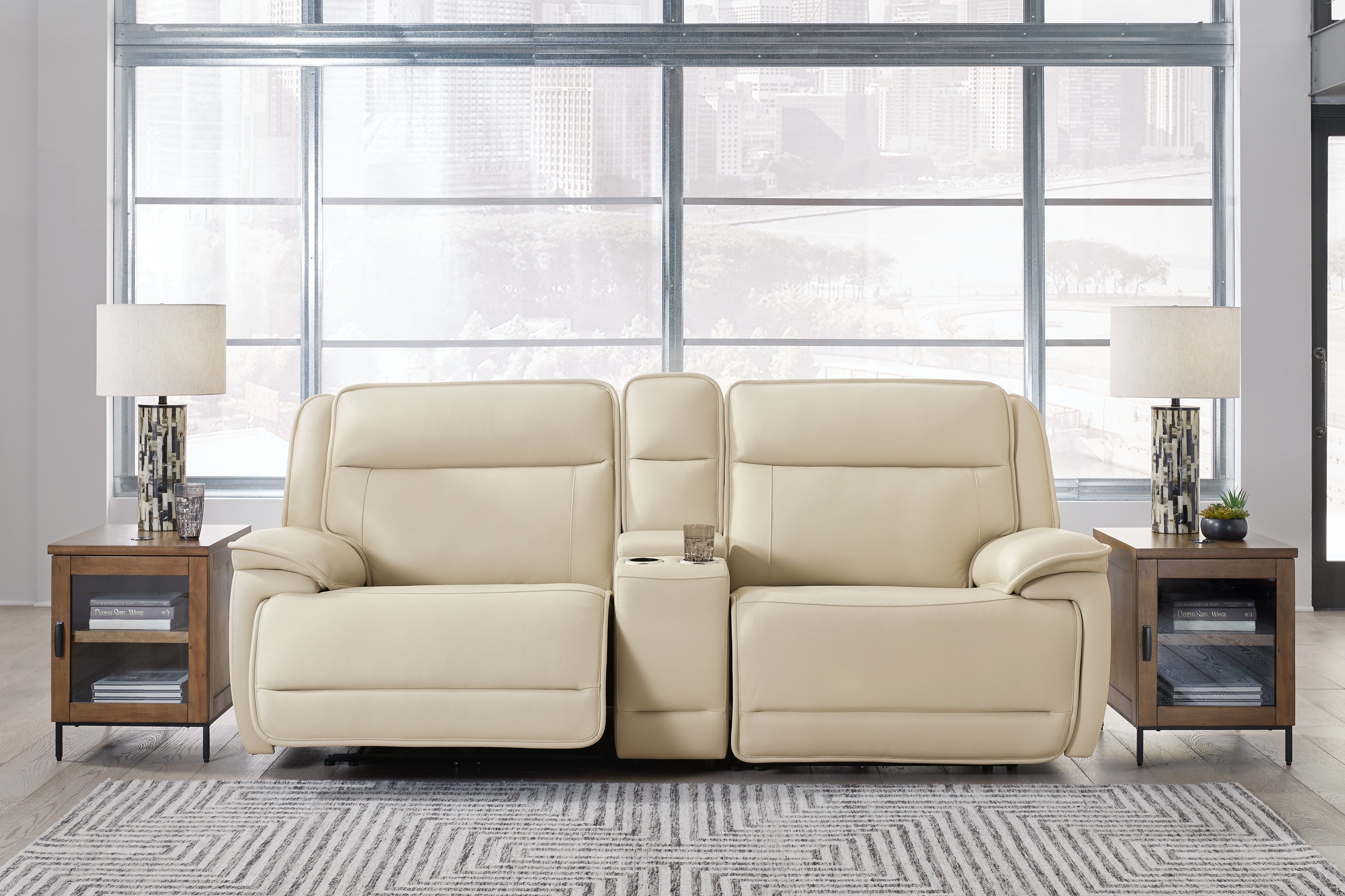 Floridian Furniture - Ashley Furniture - Double Deal Sectional - 3-Piece Power Reclining Loveseat Sectional with Console / Almond - U13001S4