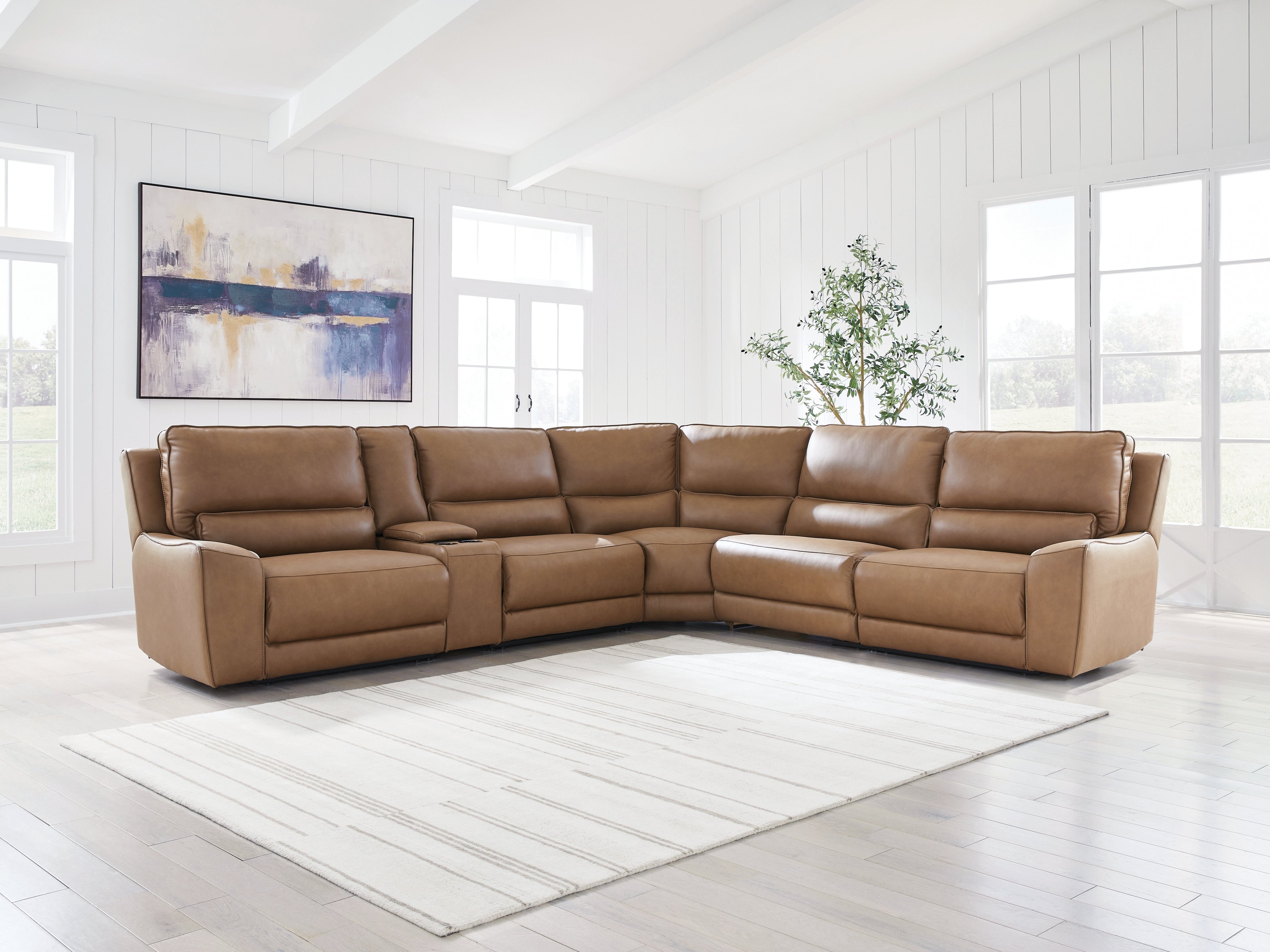 Floridian Furniture - Ashley Furniture - DeepWakes Sectional - 6-Piece Reclining Sectional with Storage Console / Caramel - PCU62606S36