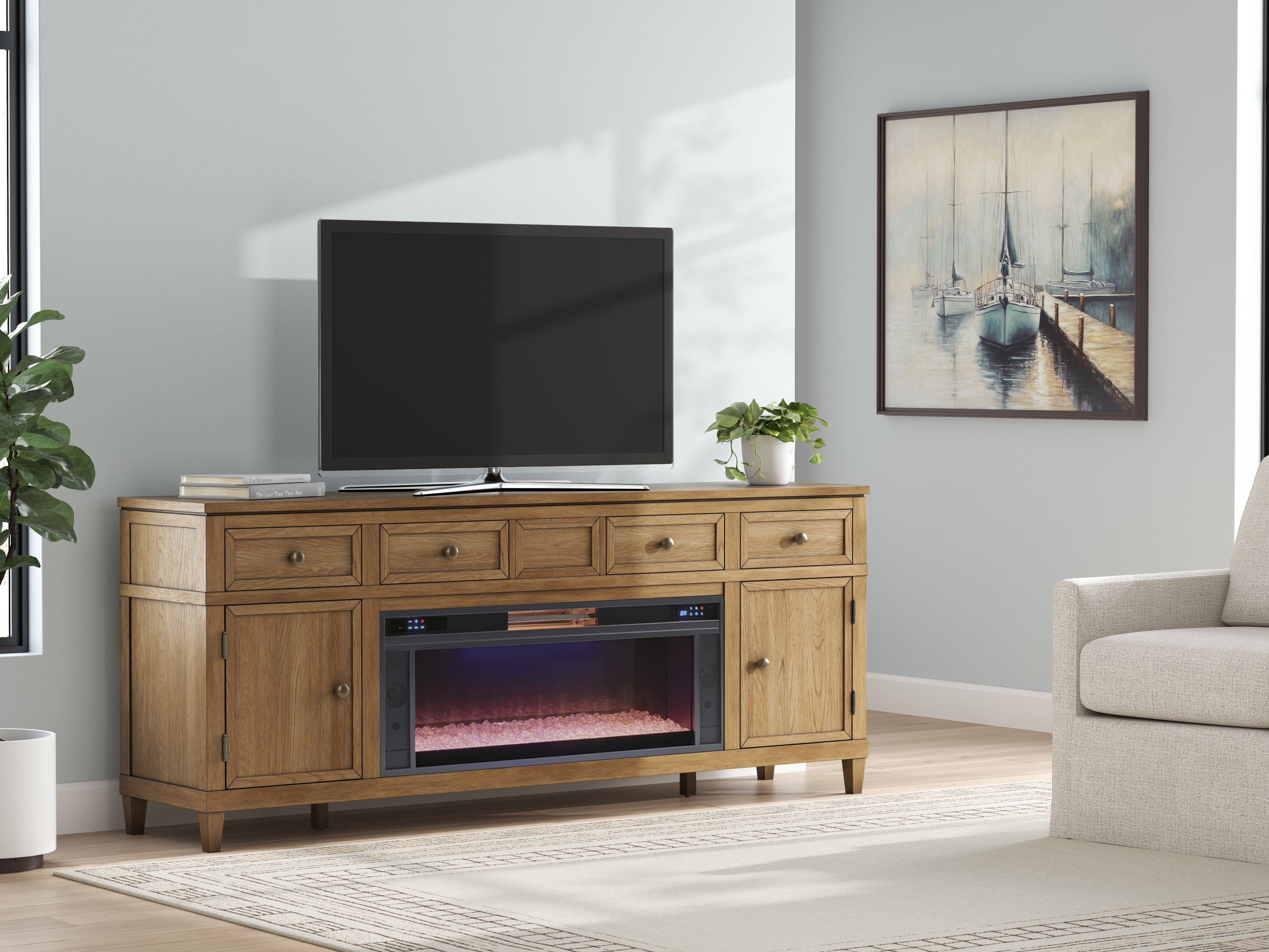 Floridian Furniture - Ashley Furniture - Sharlance 81" TV Stand with Electric Fireplace - 81" TV Stand with Electric Fireplace / Light Brown - W655W2