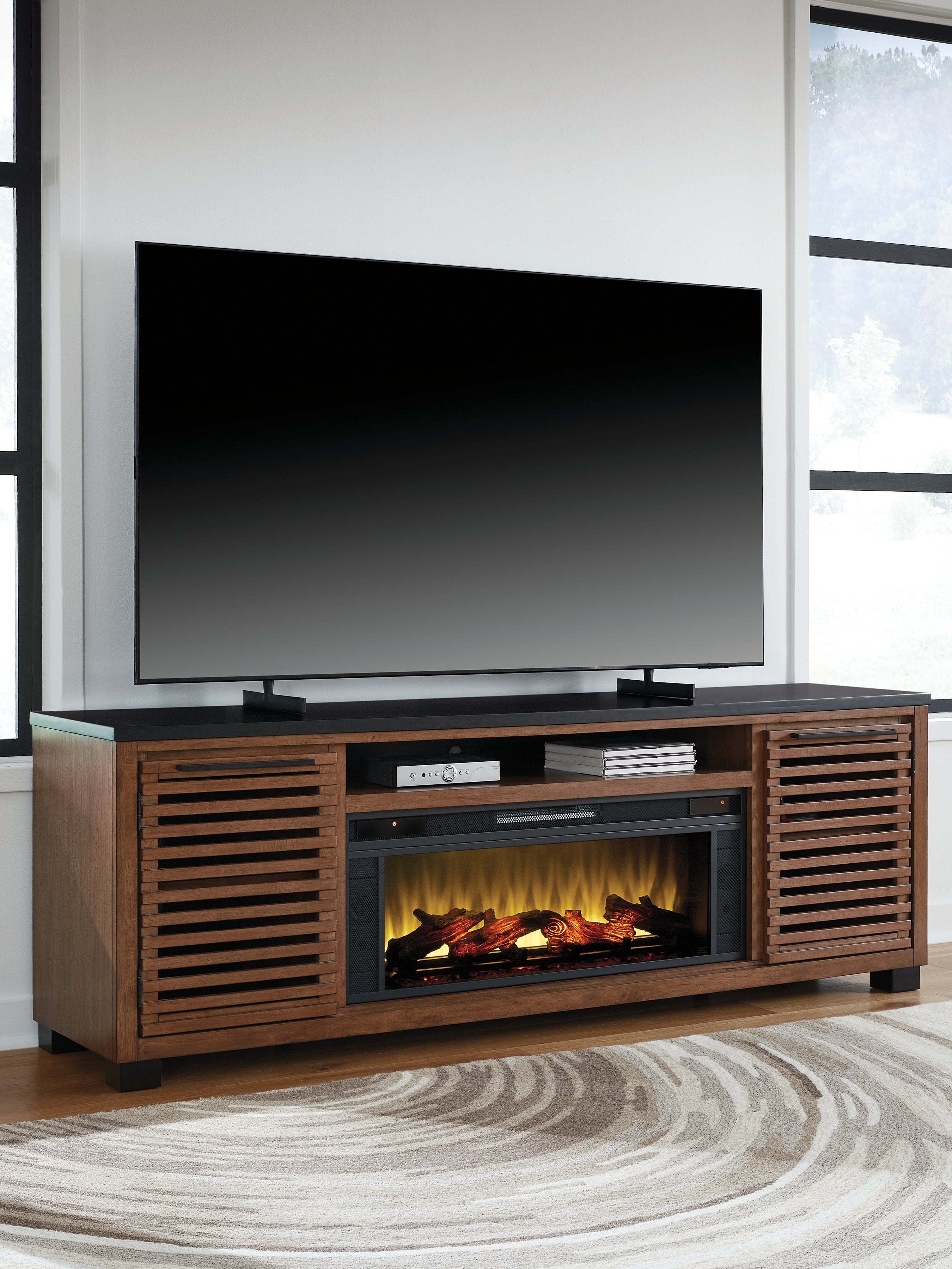 Floridian Furniture - Ashley Furniture - Kallari 84" TV Stand with Electric Fireplace - 84" TV Stand with Electric Fireplace / Warm Brown/Black - W737W1